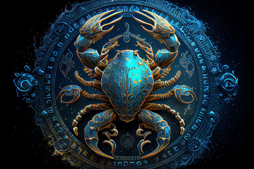 Декоративный сине-золотой рак в круге зодиакальных символов на тёмном звёздном небе