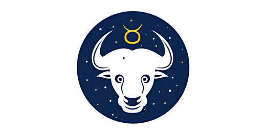 Balta vērša galva ar lieliem ragiem un dzeltenu zodiaka simbolu zvaigžņotā tumši zilā aplī
