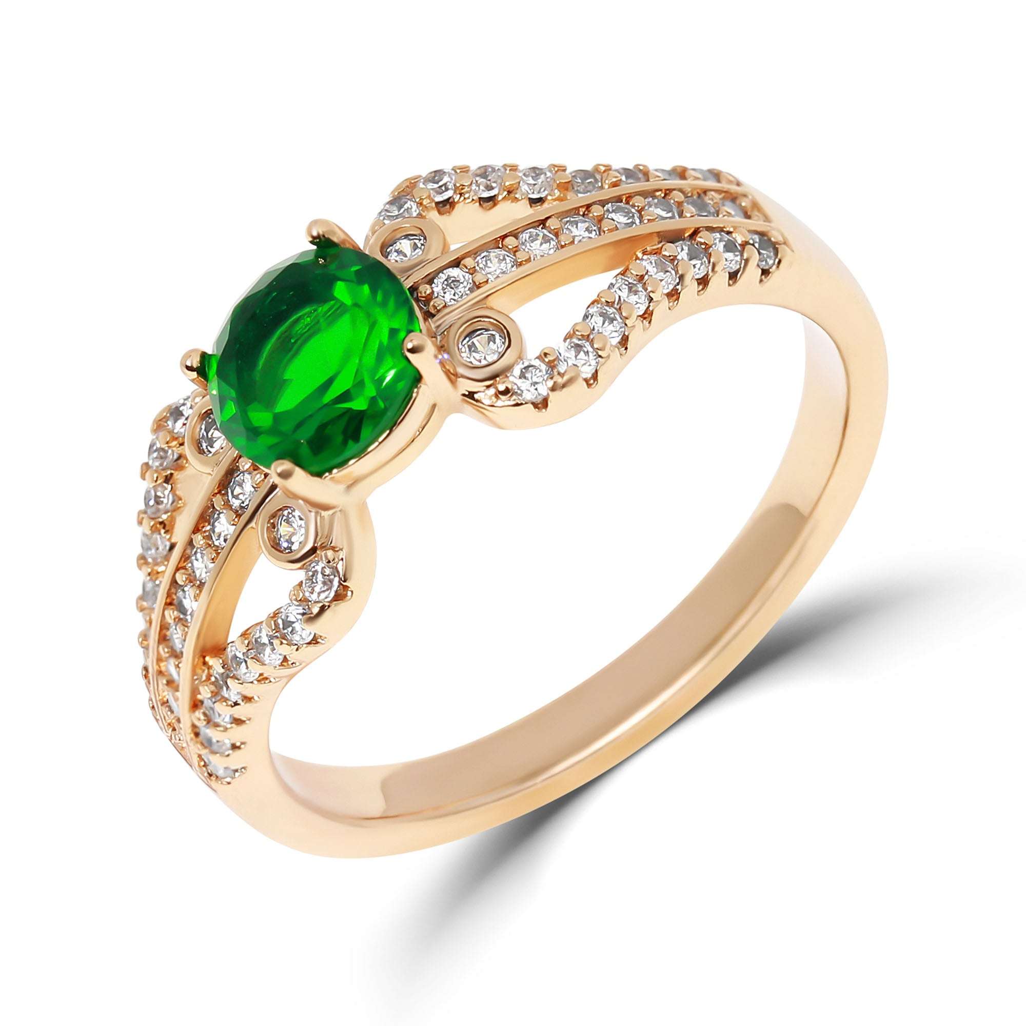 Apzeltīts gredzens ar zaļu cirkonu un baltajiem akcentiem