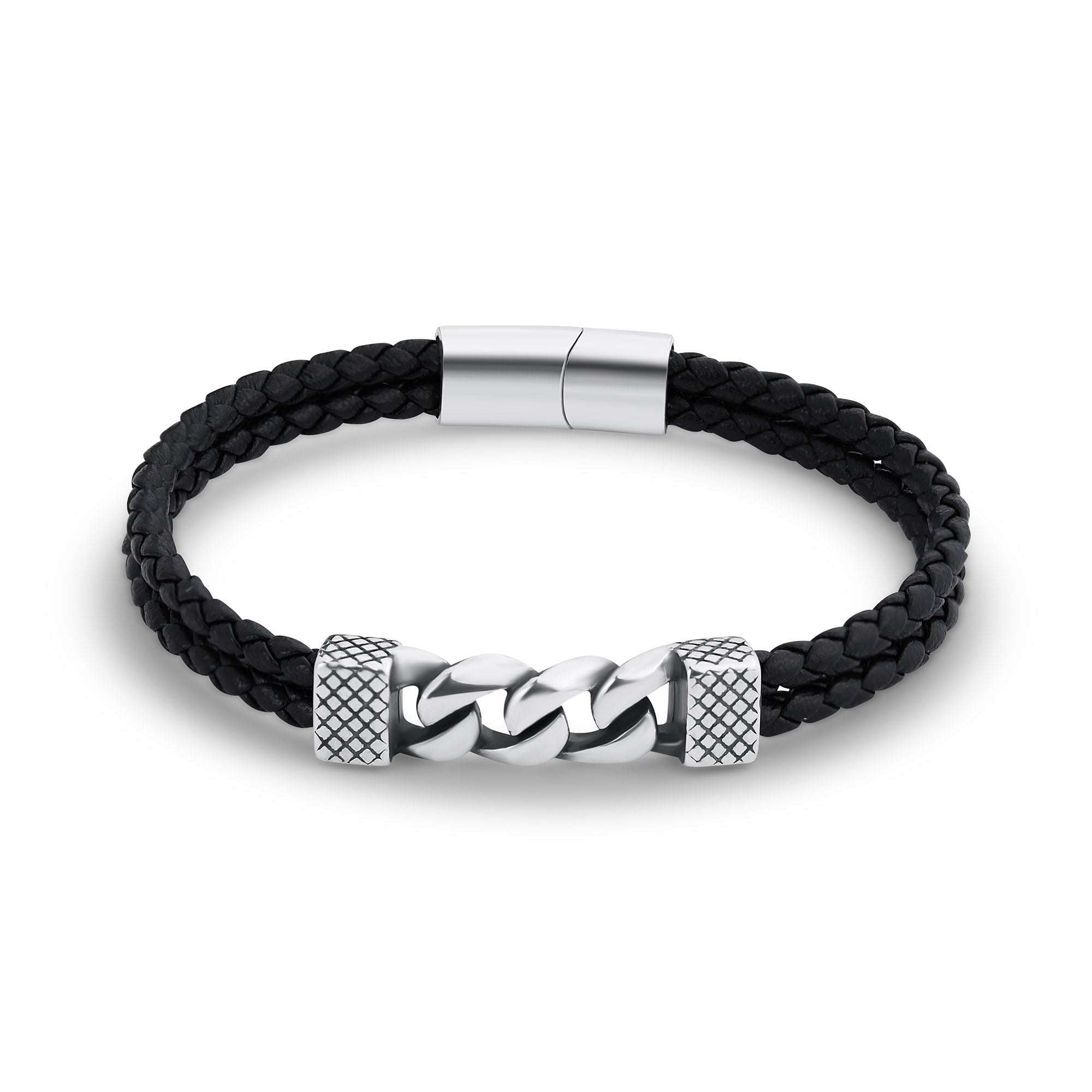 Vīriešu rokassprādze ar melnu pīto ādu un tērauda elementu