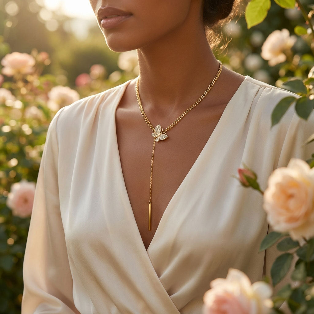 Ожерелье с бабочкой, цирконами и покрытием из золота 24K