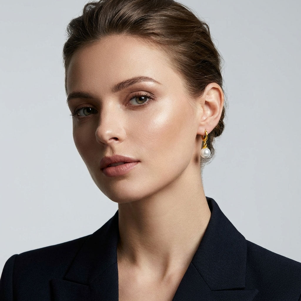 Modele tumšā žaketē valkā apzeltītos pērļu auskarus, elegants sānskata tuvplāns