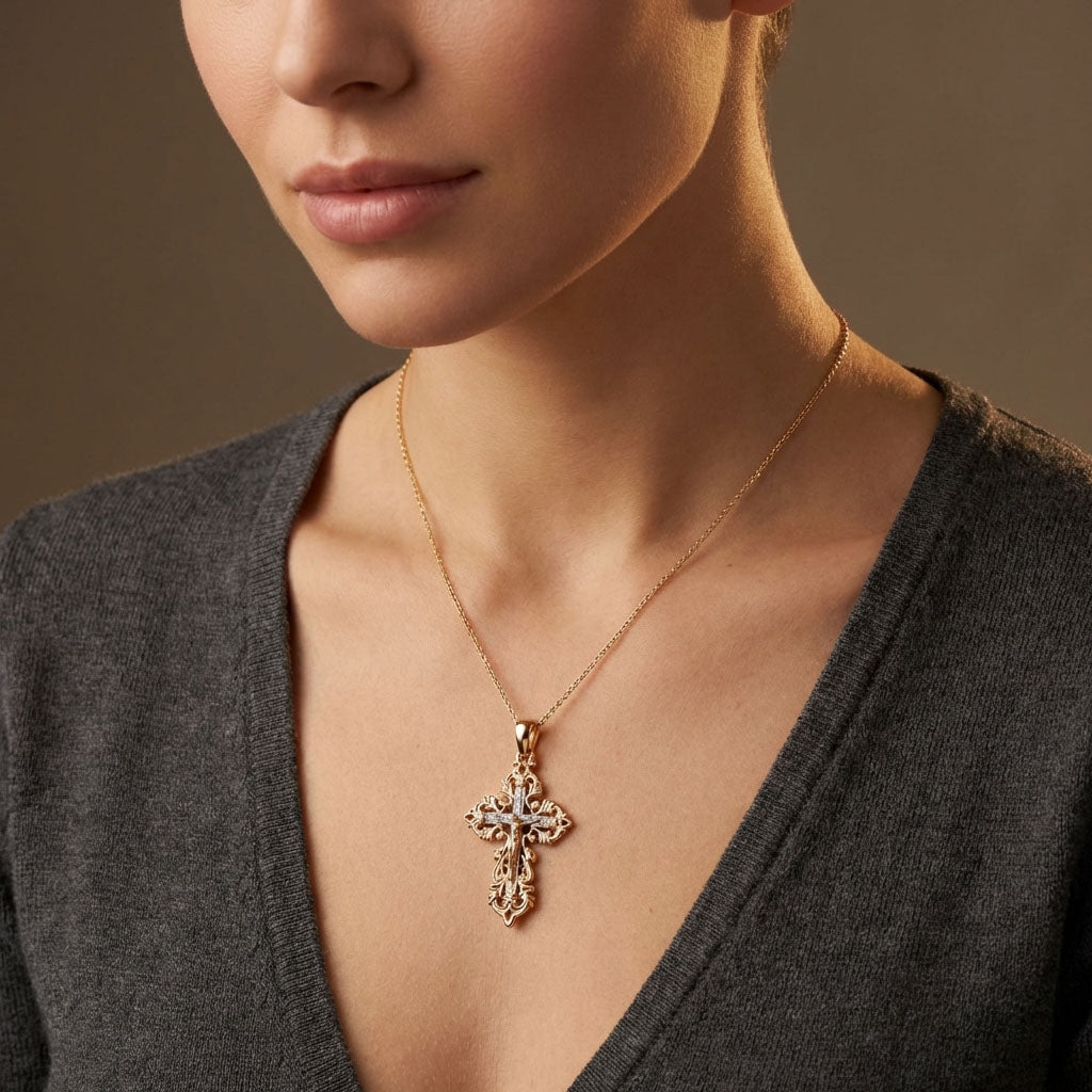 Divtoņu kulons krusta formā ar cirkoniem