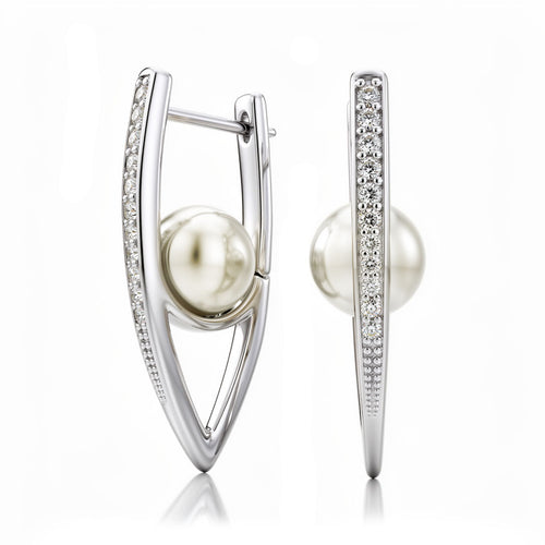 Garie sudraba krāsas auskari ar baltu pērli un smailu cirkonu ietvaru