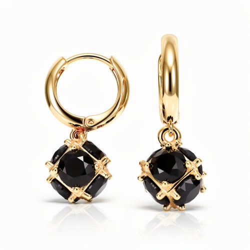 Melnu cirkona lodīšu auskari ar 18K apzeltījumu un riņķu aizdari