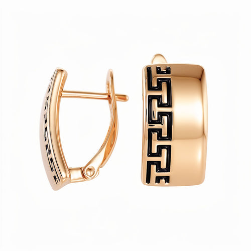 Taisnstūra auskari ar melnu grieķu ornamentu un 18K zelta krāsas pārklājumu