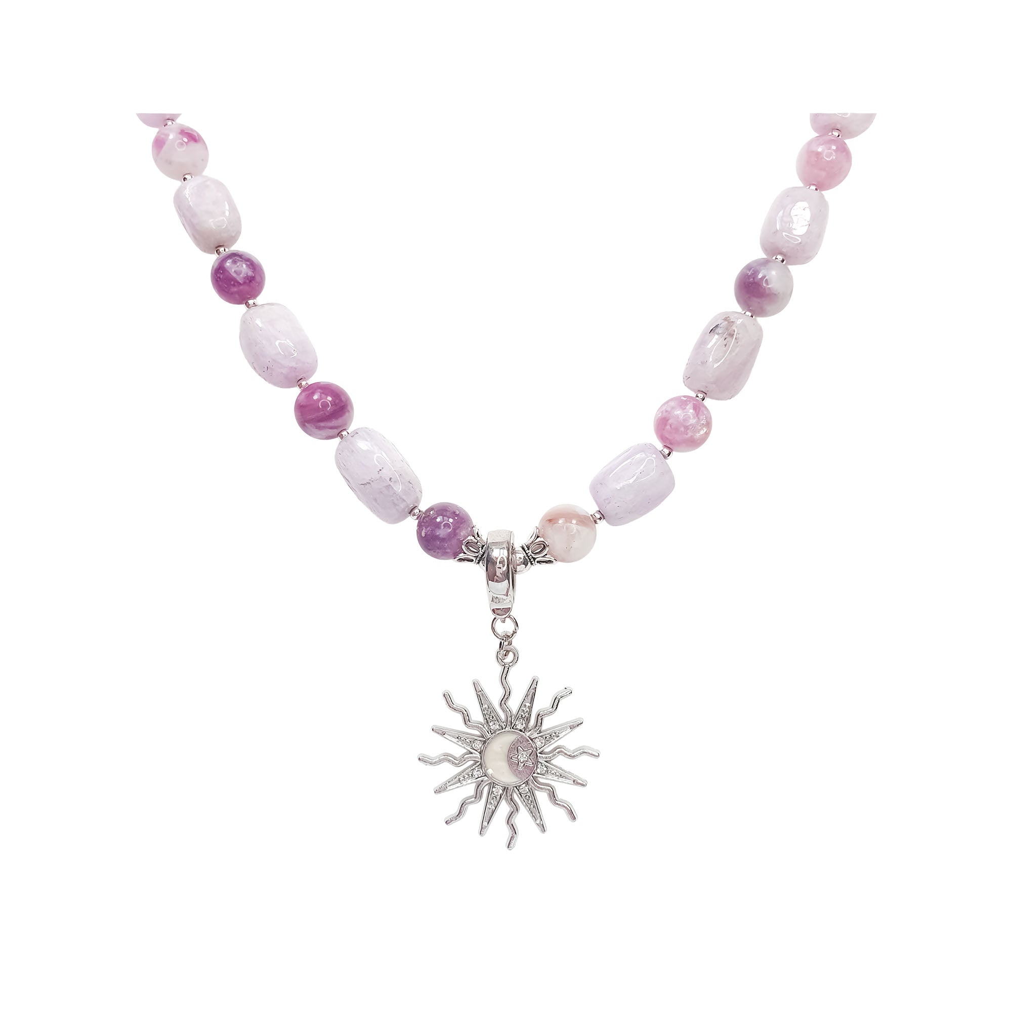 Kuncīta un lepidolīta aksesuārs ar sudraba krāsas saules simbolu