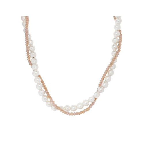 Divslāņu kaklarota ar kontrastējošām pērlēm — lielākas baltas lodītes un smalkāki rozā akmeņi. Forma saglabā klasisku līniju, kas vienmērīgi seko kakla kontūrai. Bez dekoratīvām detaļām vai ielaidumiem.