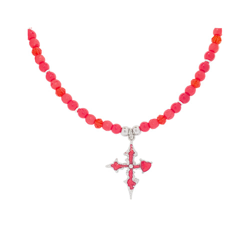 Sarkanas krelles ar krusta piekariņu priekšpusē