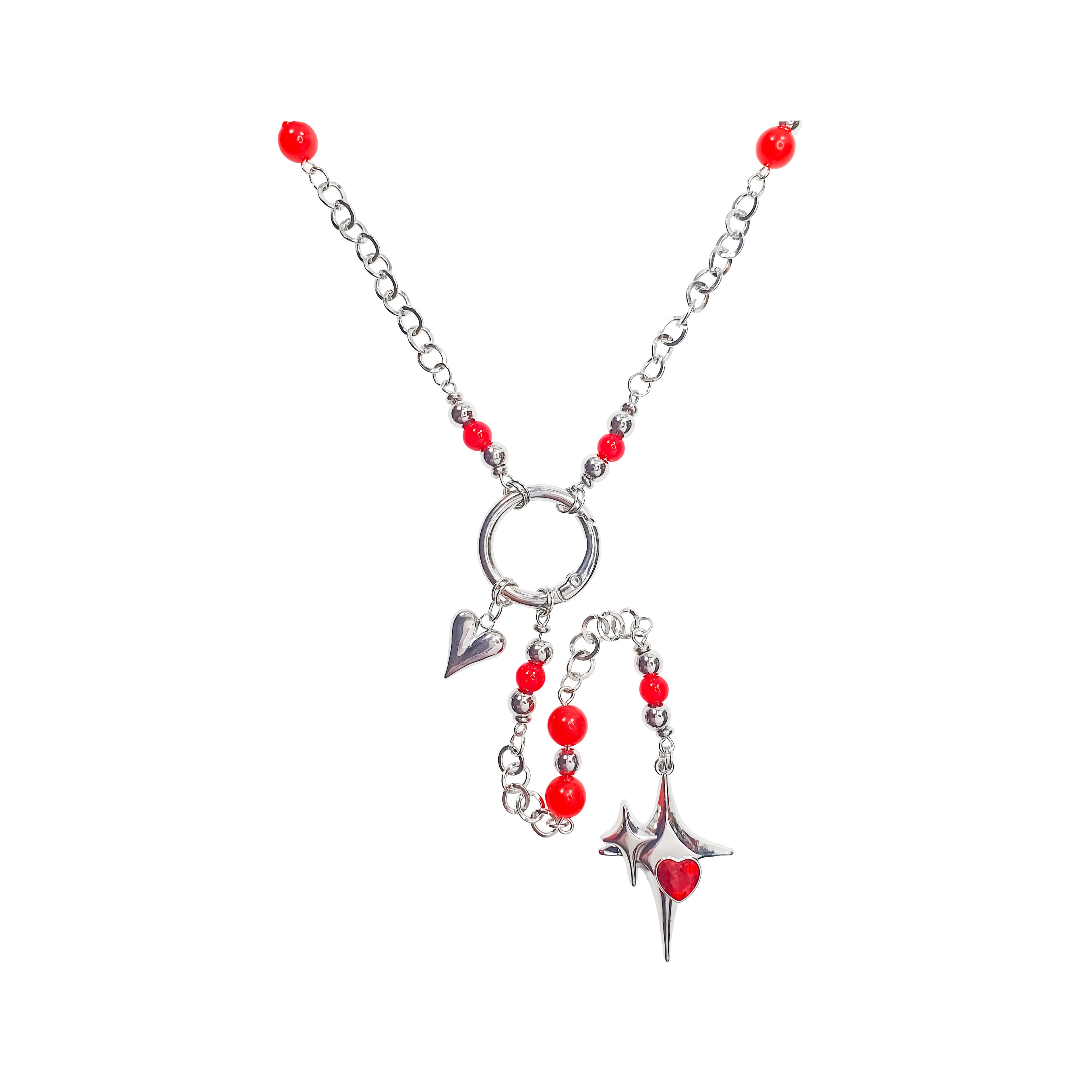 Sudraba krāsas kaklarota ar sarkanu halcedonu, sirdi un zvaigznes piekariņu