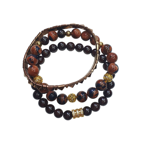 Trīs rokassprādzes no dabīgā granāta un mākslīgā avanturīna ar tērauda detaļām