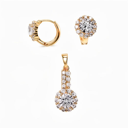 Zeltīts rotu komplekts ar apaļiem cirkona auskariem un saskaņotu ziedu formas kulonu