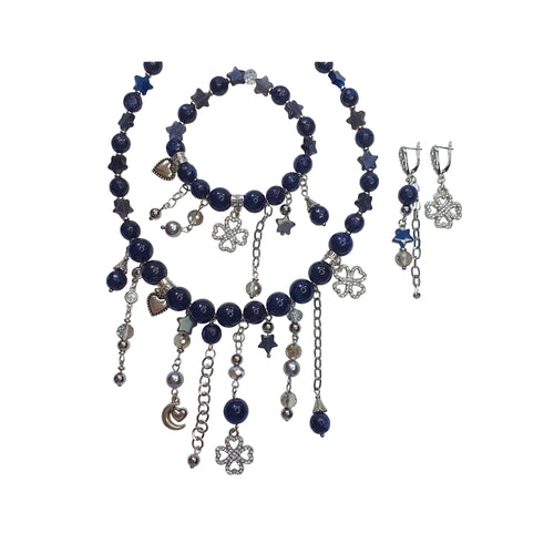 Rotu komplekts no zilā avanturīna stikla ar sudrabotiem piekariņiem