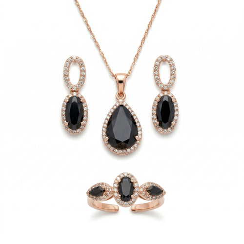 Apzeltīts rotu komplekts Pusnakts lāse ar melniem cirkoniem