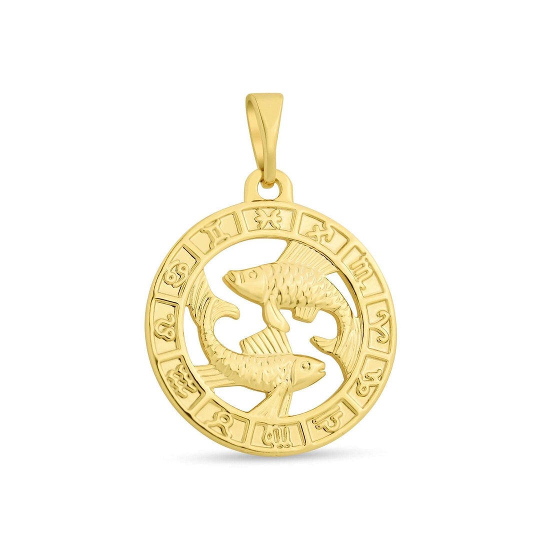 Apzeltīts medaljons ar divām zivīm centrā, apkārt reljefi iegravētas zodiaka zīmes