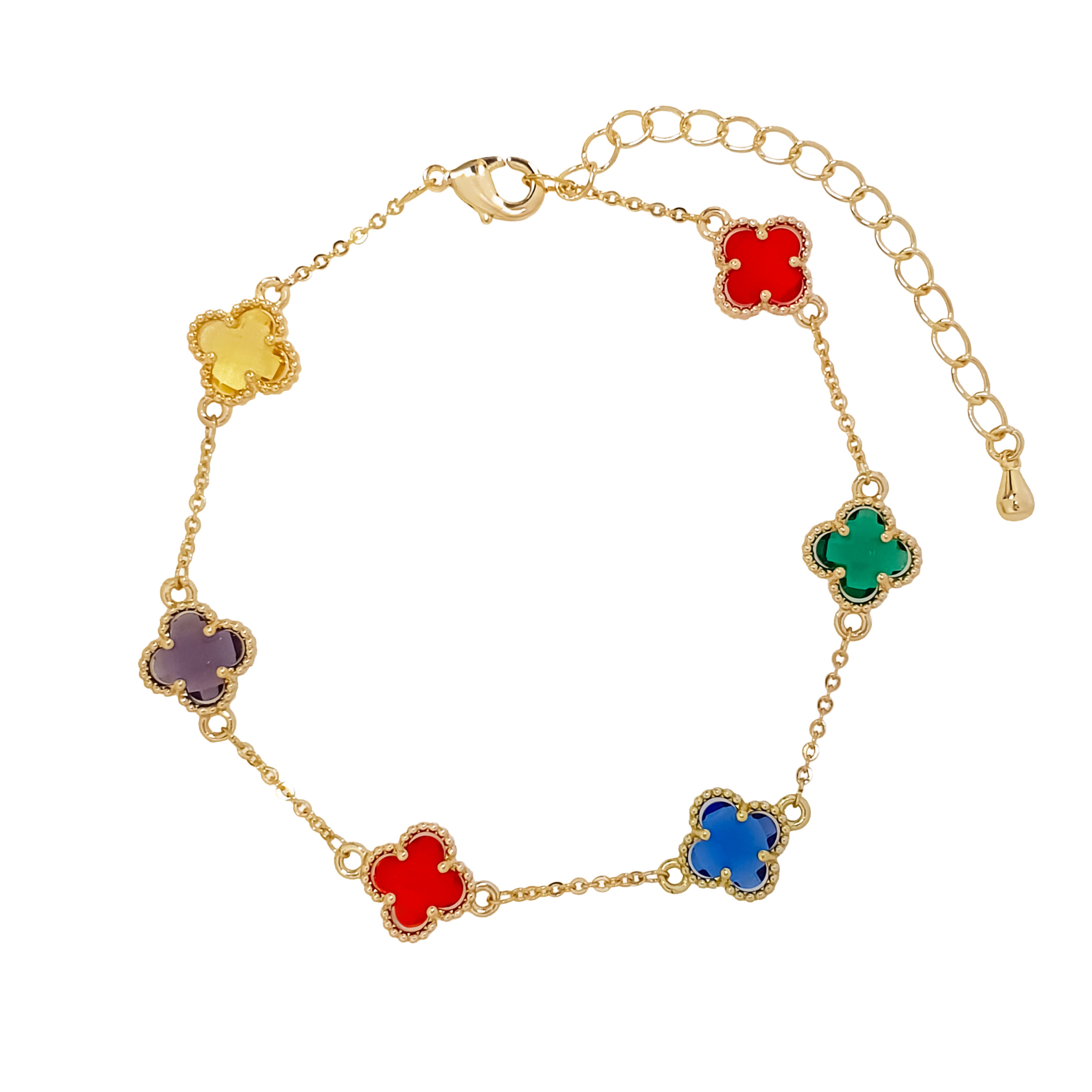 Apzeltīta rokassprādze ar ķēdīti un krāsainiem āboliņa motīviem