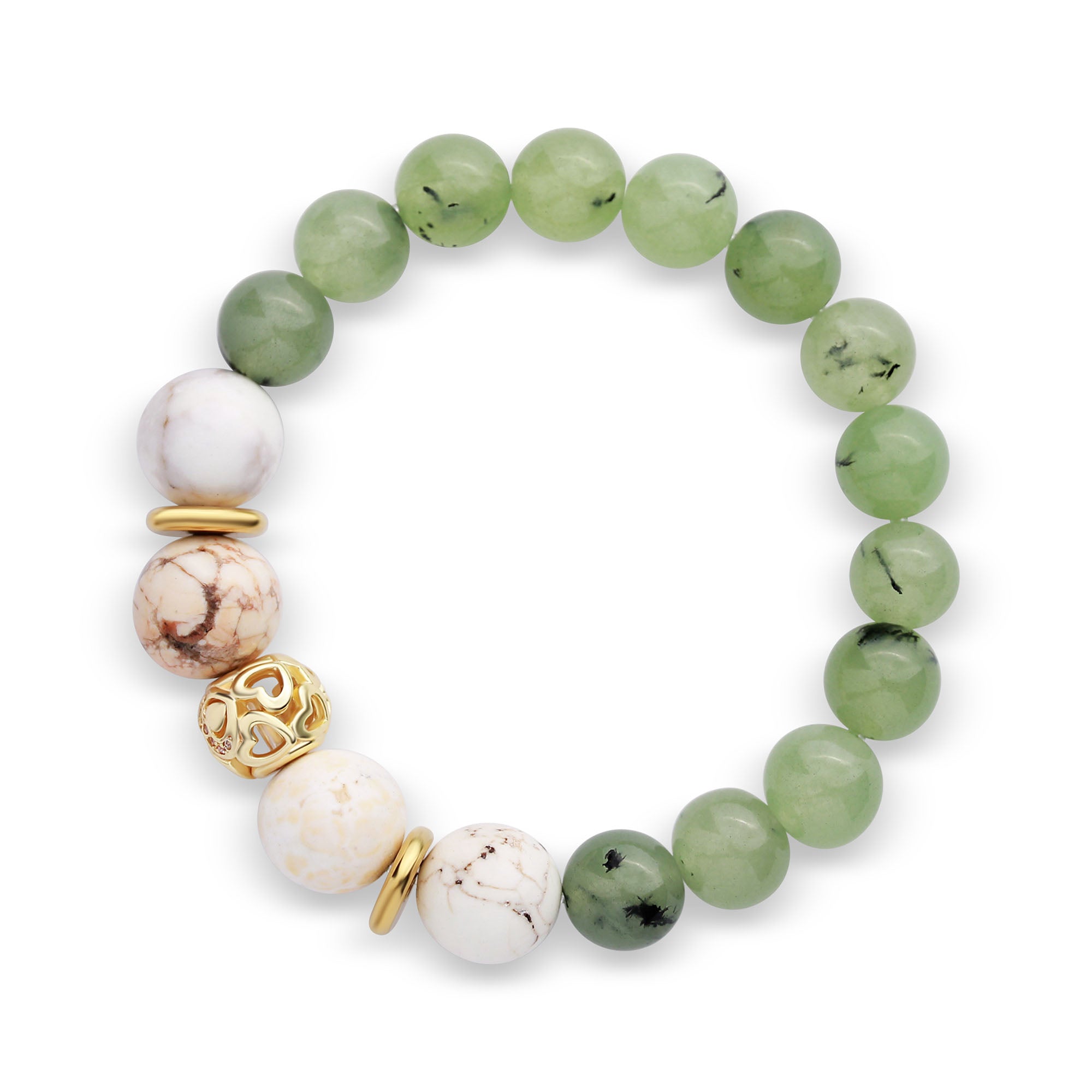 Rokassprādze ar gaiši zaļām lodēm un baltiem akmens akcentiem