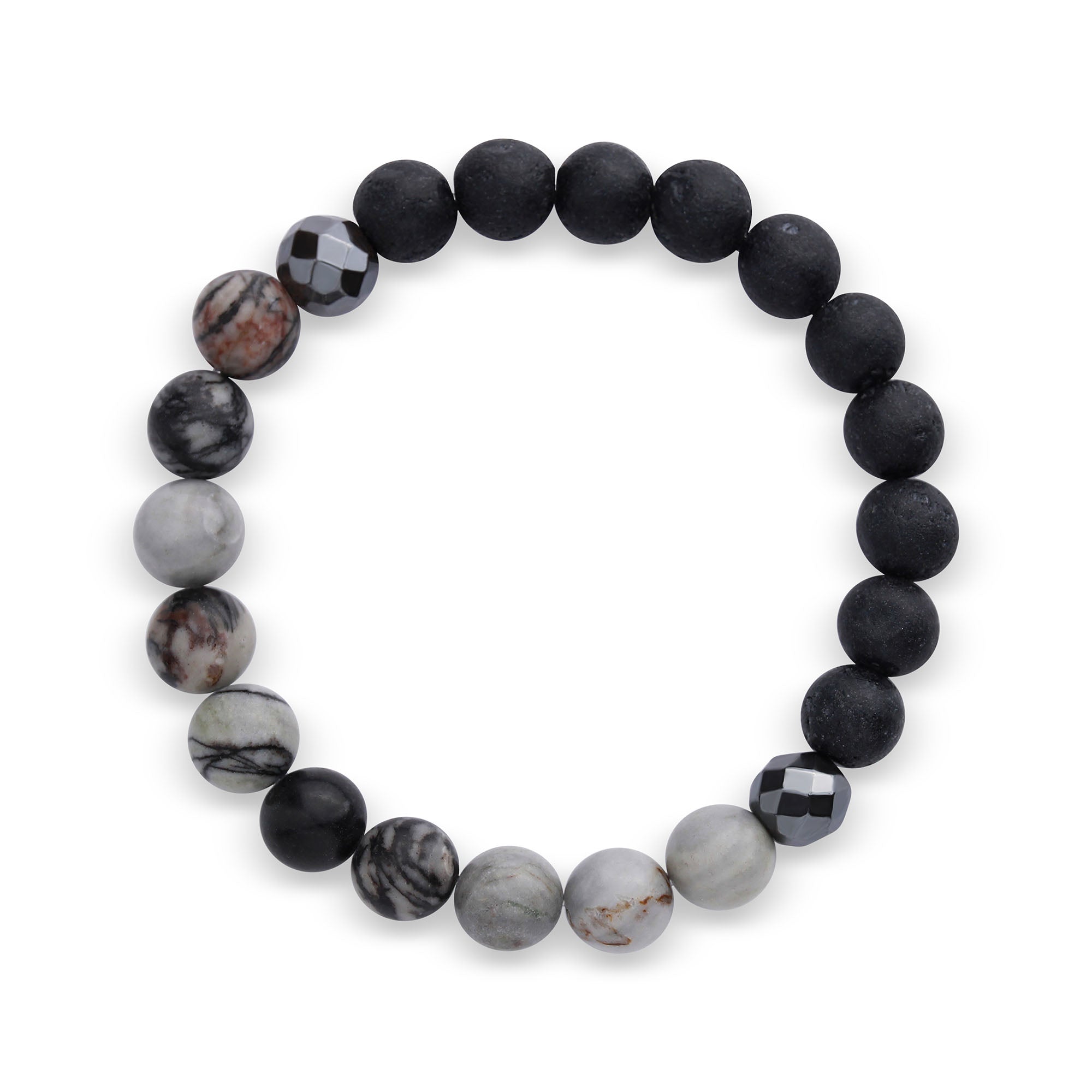 Rokassprādze ar melnām lavakmens lodēm un pelēkiem akcentiem