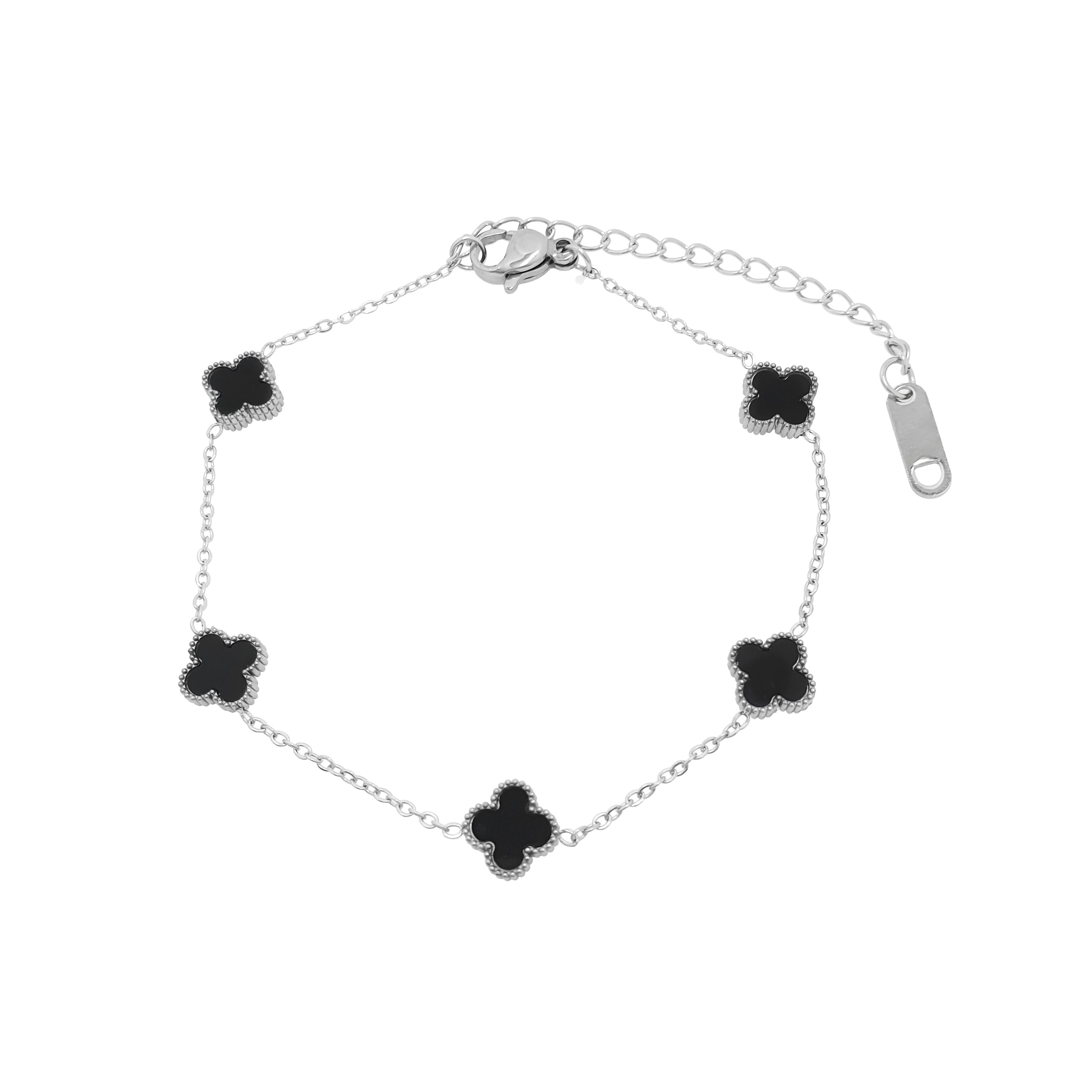 Rokassprādze sudraba tonī ar melniem āboliņa elementiem