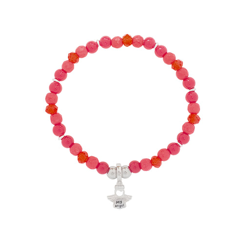 Sarkana lodīšu rokassprādze ar eņģeļa formas piekariņu