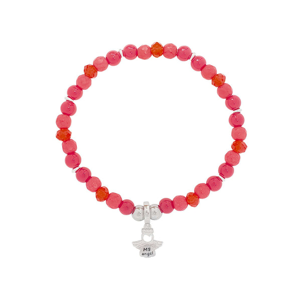 Sarkana lodīšu rokassprādze ar eņģeļa formas piekariņu